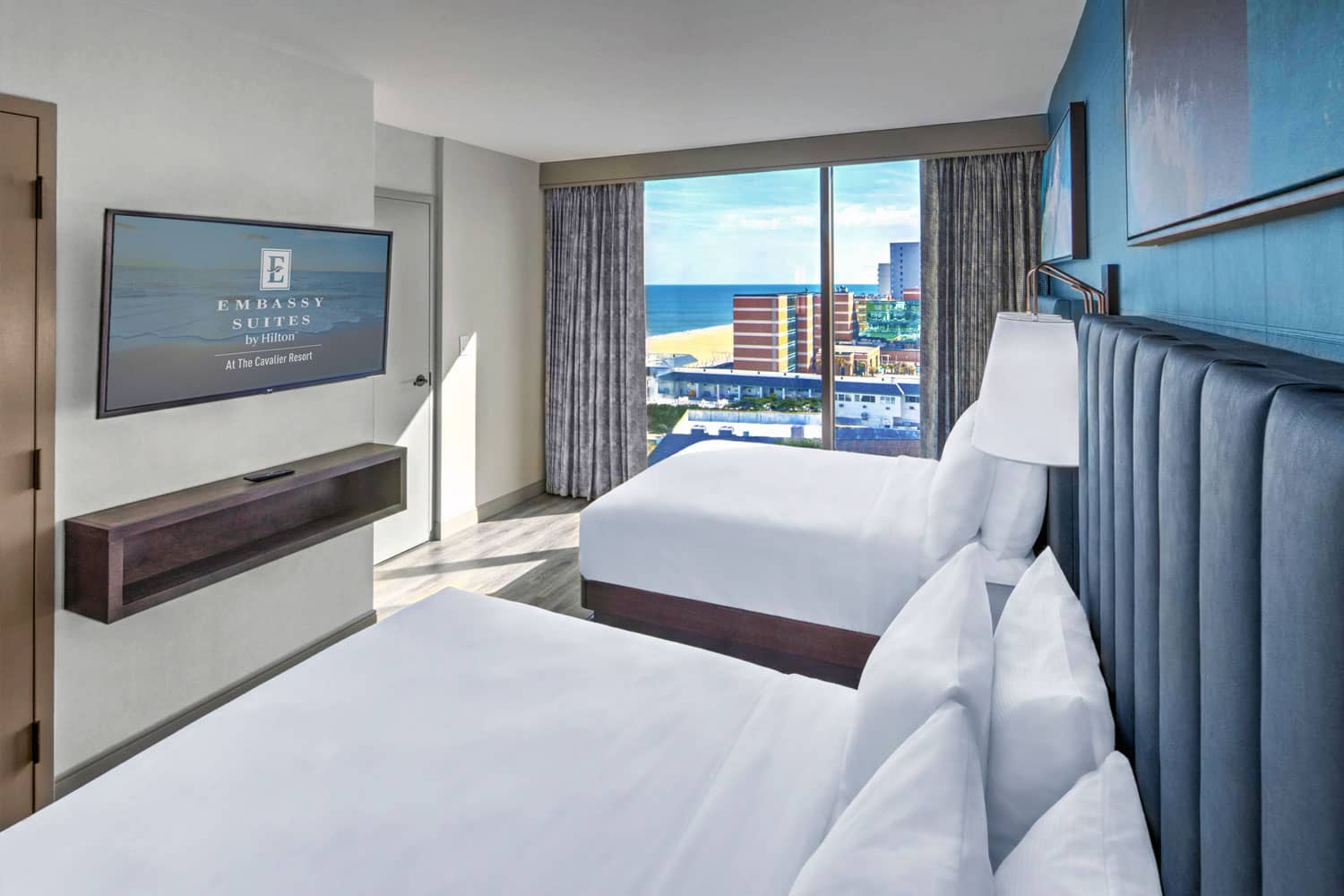 A double queen suite at the Embassy Suites Virginia Beach Oceanfront Resort