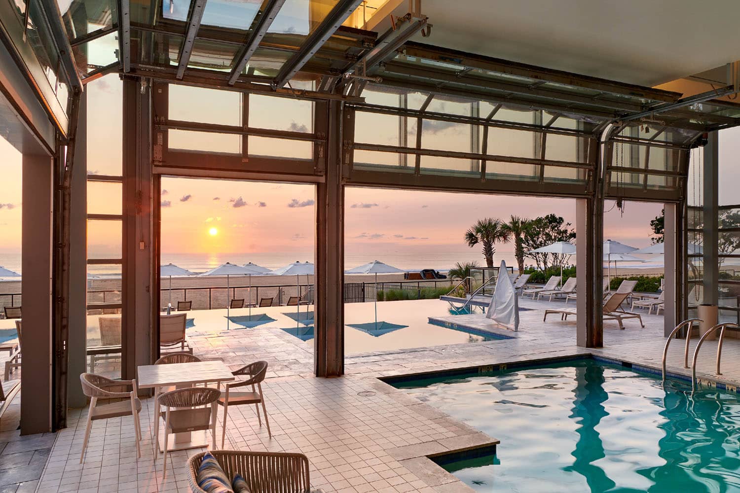 The indoor pool at the Marriott Virginia Beach Oceanfront at sunrise