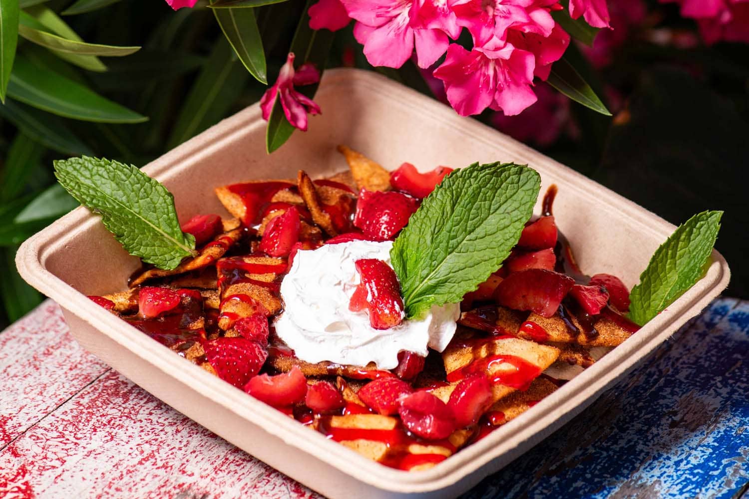 A vibrant strawberry dessert dish at Tacos-N-Tequila restaurant