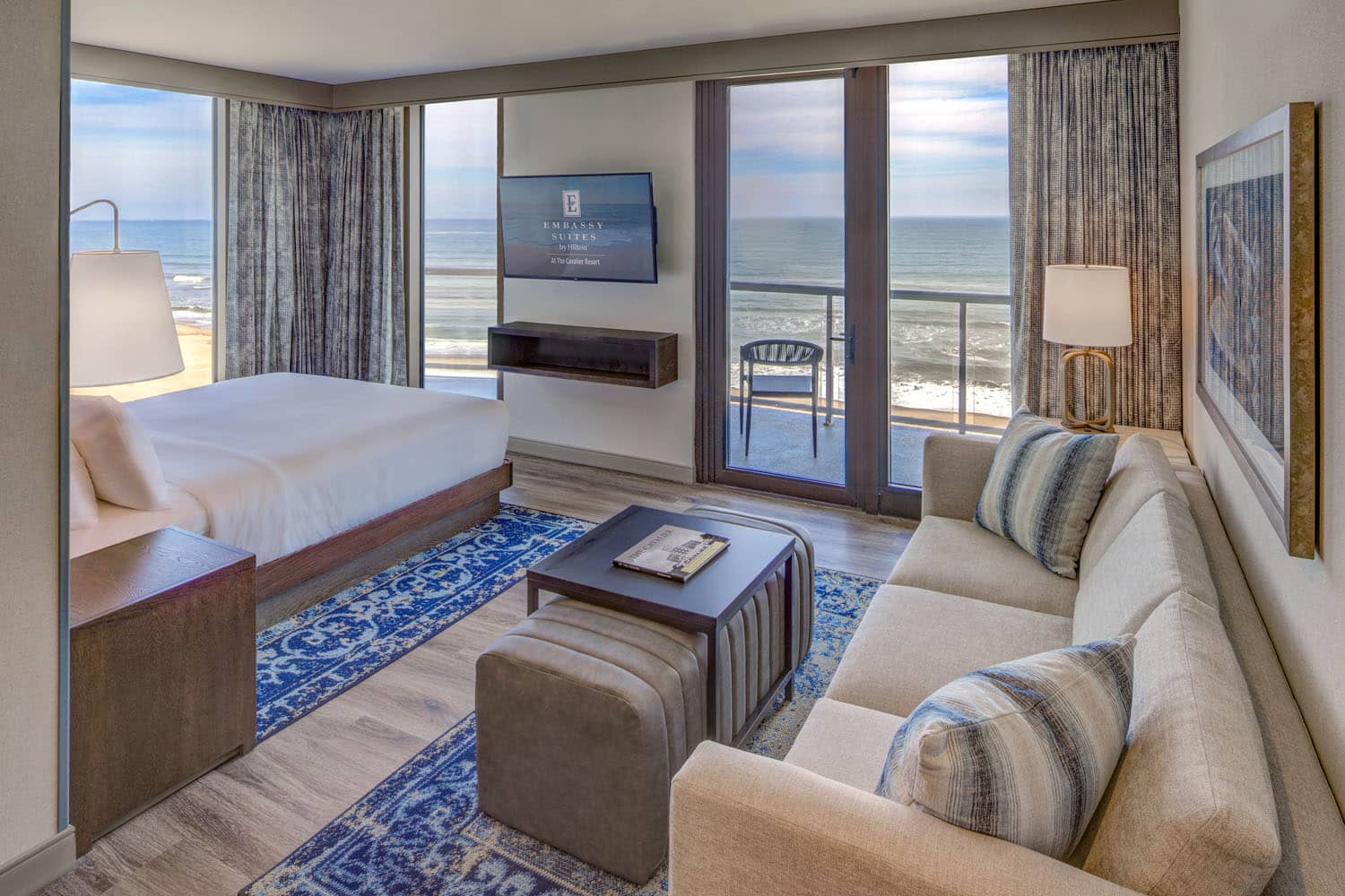 An oceanfront suite at the Embassy Suites Virginia Beach Oceanfront Resort