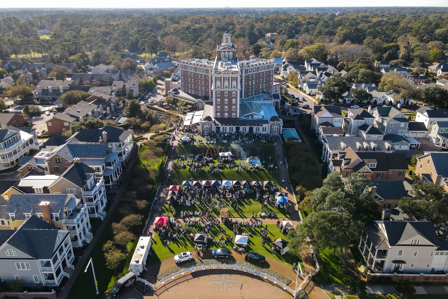 An aerial view featuring The Historic Cavalier Hotel during an event