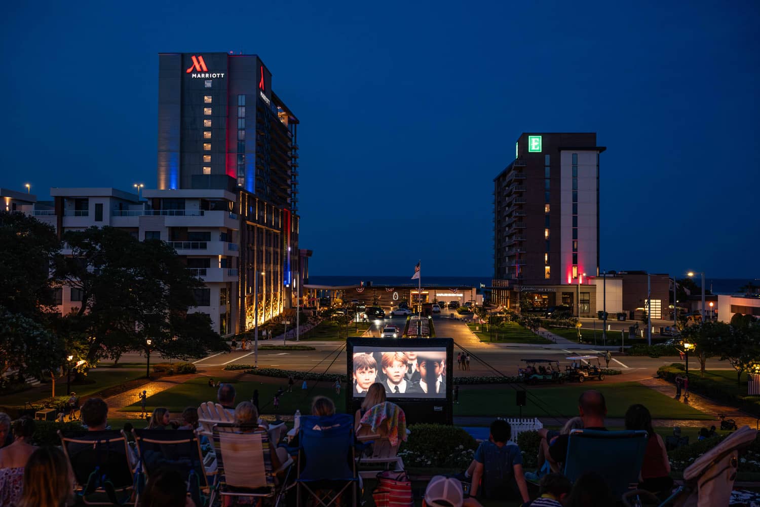 An outdoor summer movie night at The Historic Cavalier Hotel