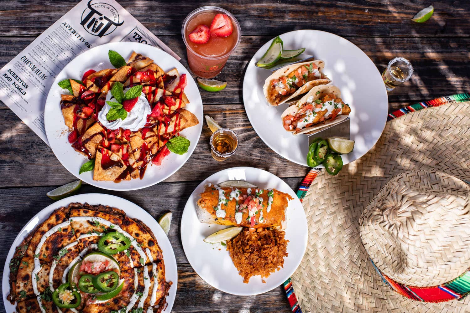 A sampling of plated dishes at Tacos-N-Tequila restaurant