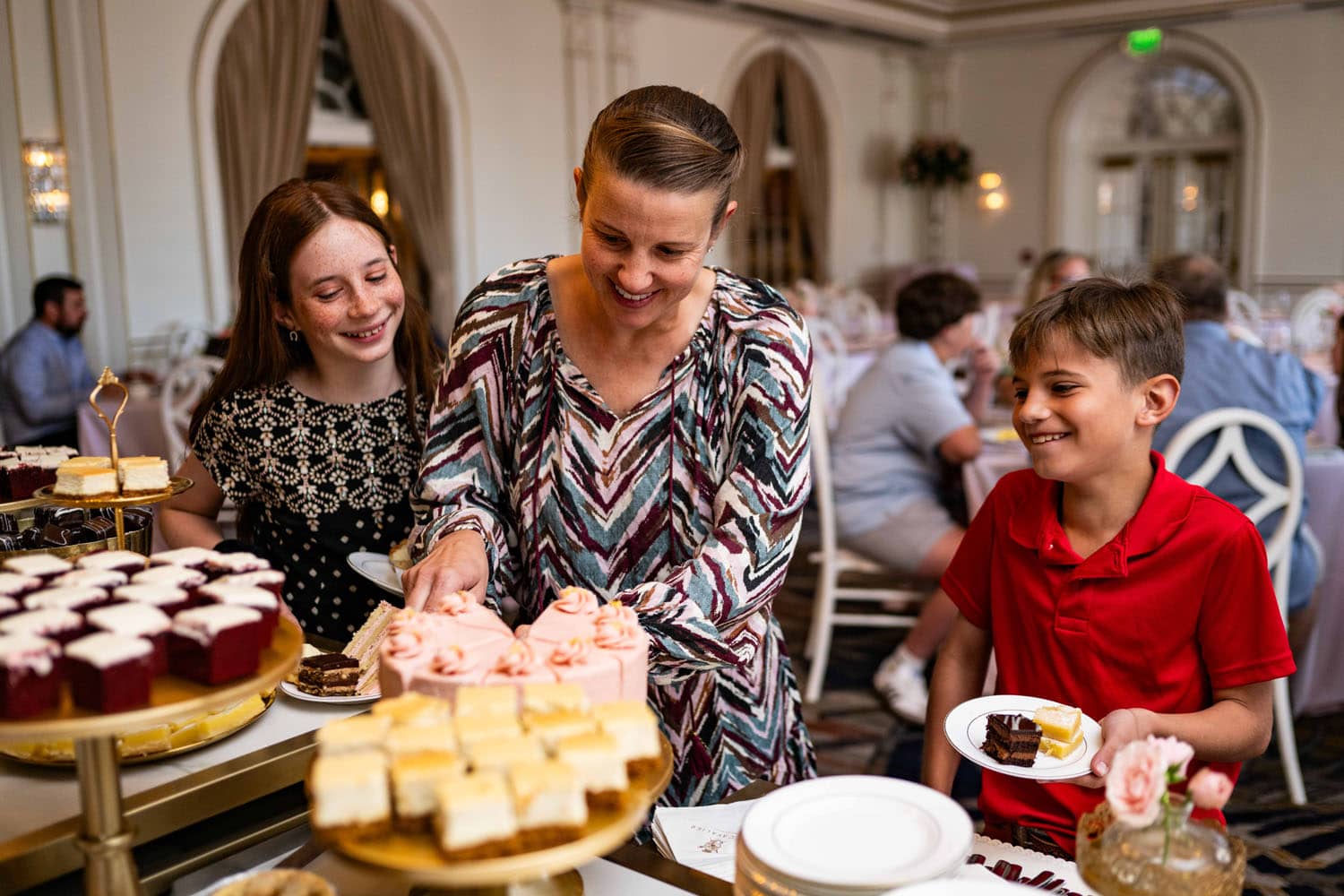 A family enjoying a holiday buffet spread