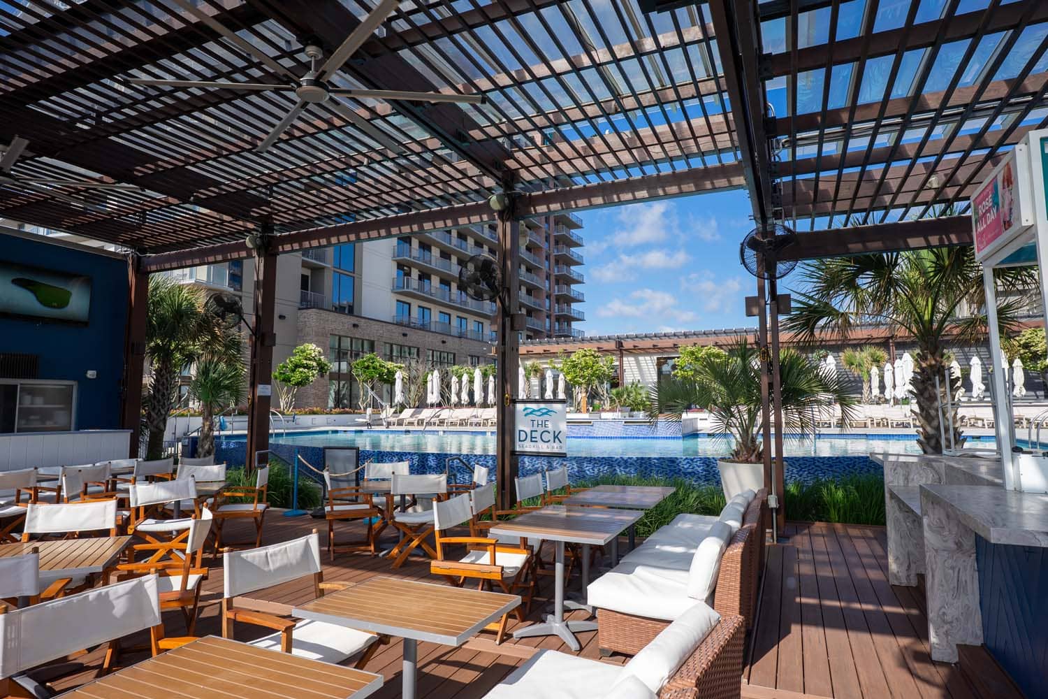 The seating and lounge area at The Deck Seaside Bar & Grill