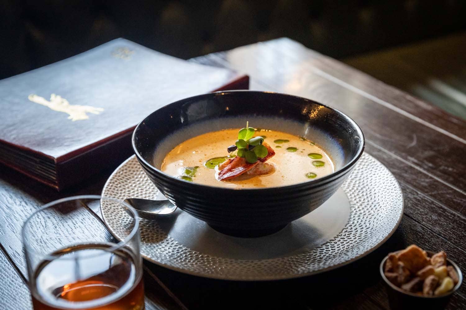 A close-up view of soup on a table at the Hunt Room