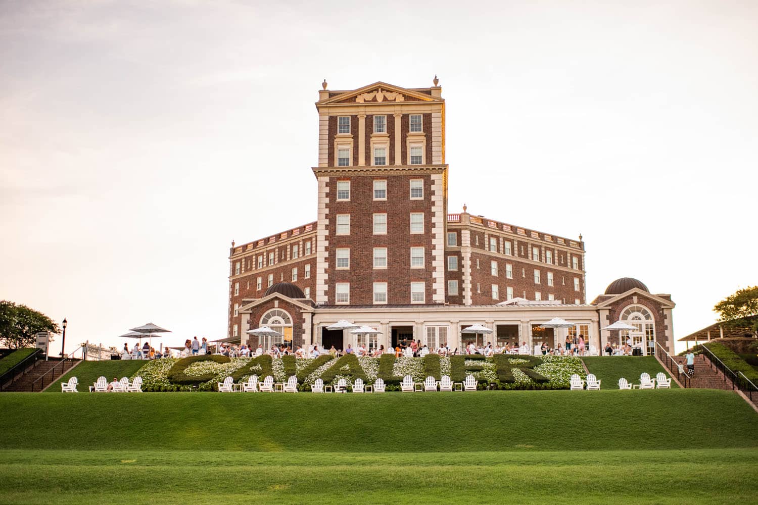The Historic Cavalier Hotel on its hilltop at sunset during summer