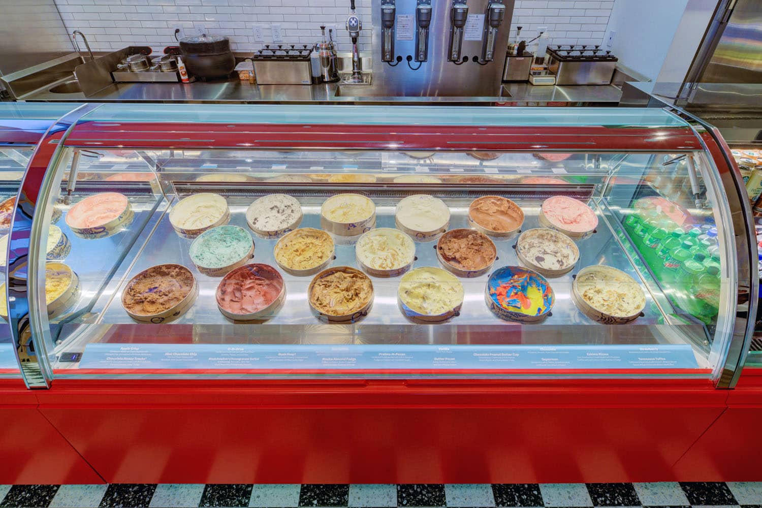 Ice cream in a display case at We Scream Ice Cream and Coffee Shop