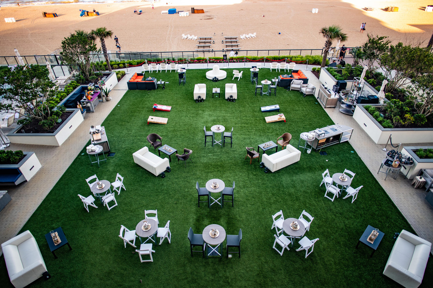 The Ocean Lawn outside of the Marriott Virginia Beach Oceanfront Resort set up for an event.